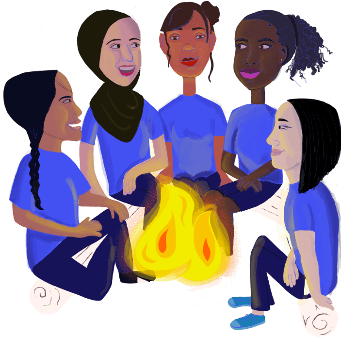 Illustration of camp participants sitting around a fire where the logs are made using code tags.